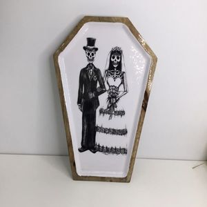 Day of the dead bride and groom ceramic wooden serving plate 15"